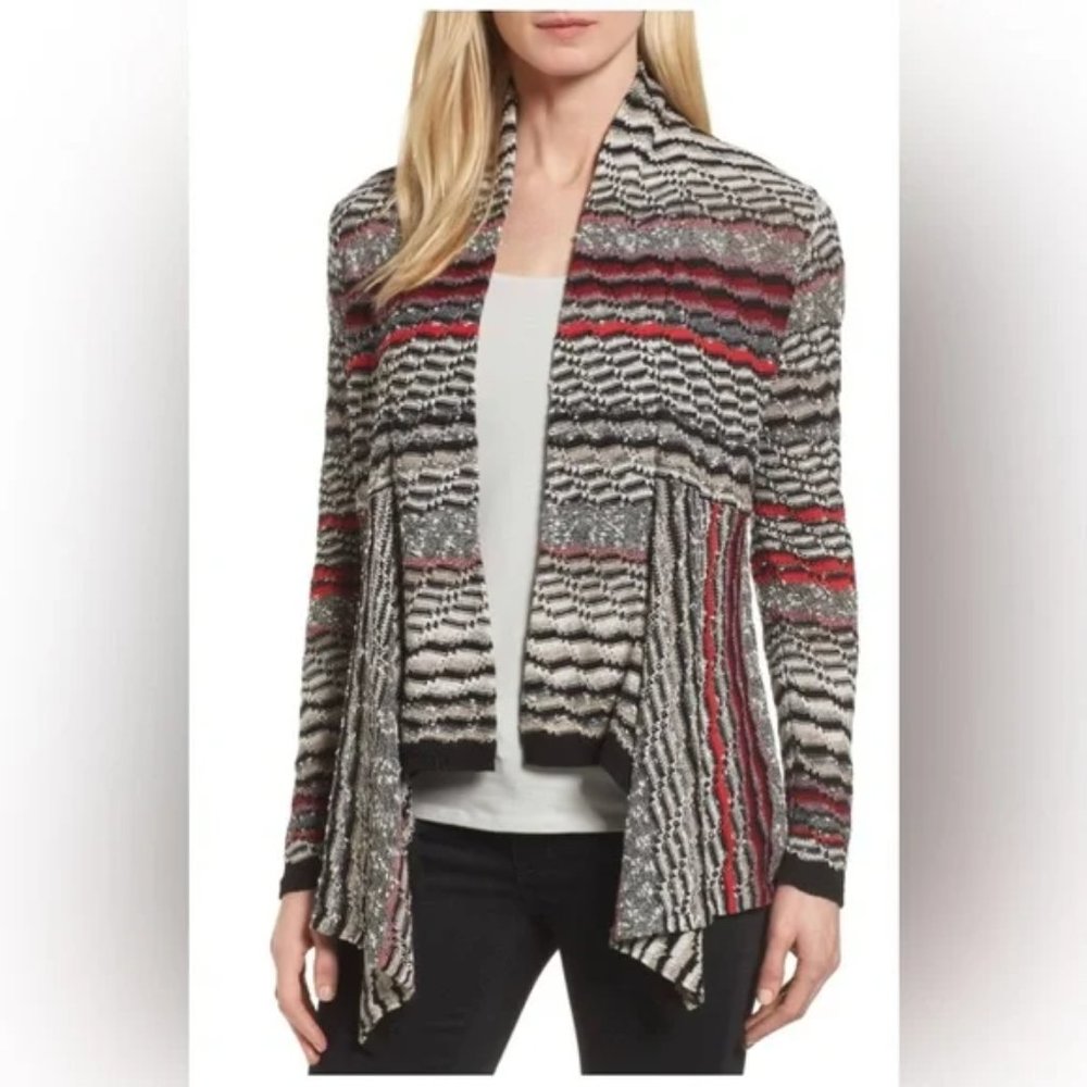 NIC + ZOE Linen Blend Long Sleeve Black White Red Draped Front Cardigan * SZ L
